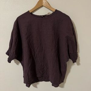 Samansa Mos2 Brown Lagenlook Stretch Cotton Top Short Smocked Sleeve Rear Tie-M